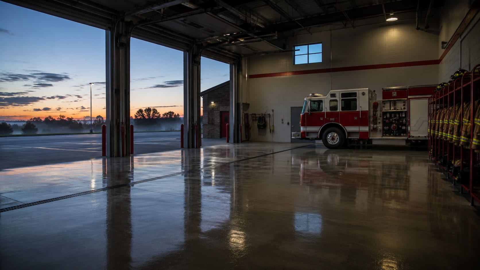 An empty apparatus bay at dawn, bay doors open to low light, gear staged and ready.