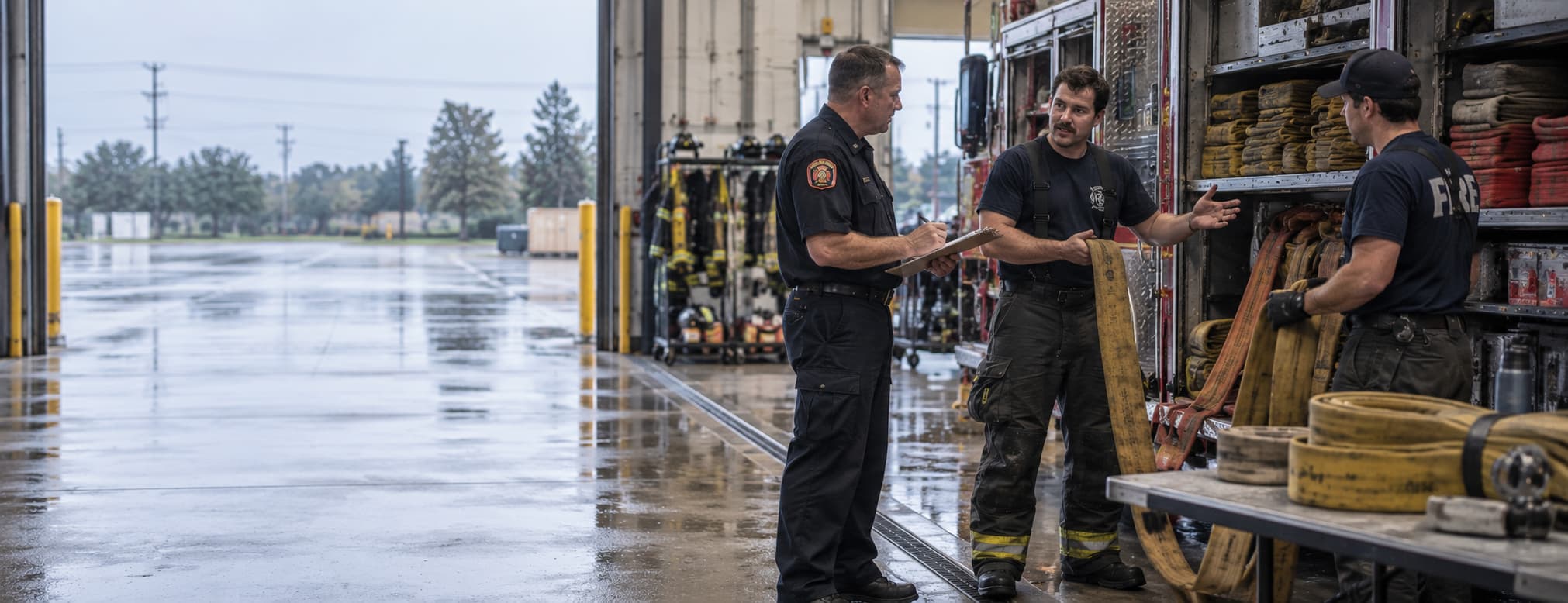 A fire officer with a clipboard talking with two firefighters repacking hose in the apparatus bay after an incident.