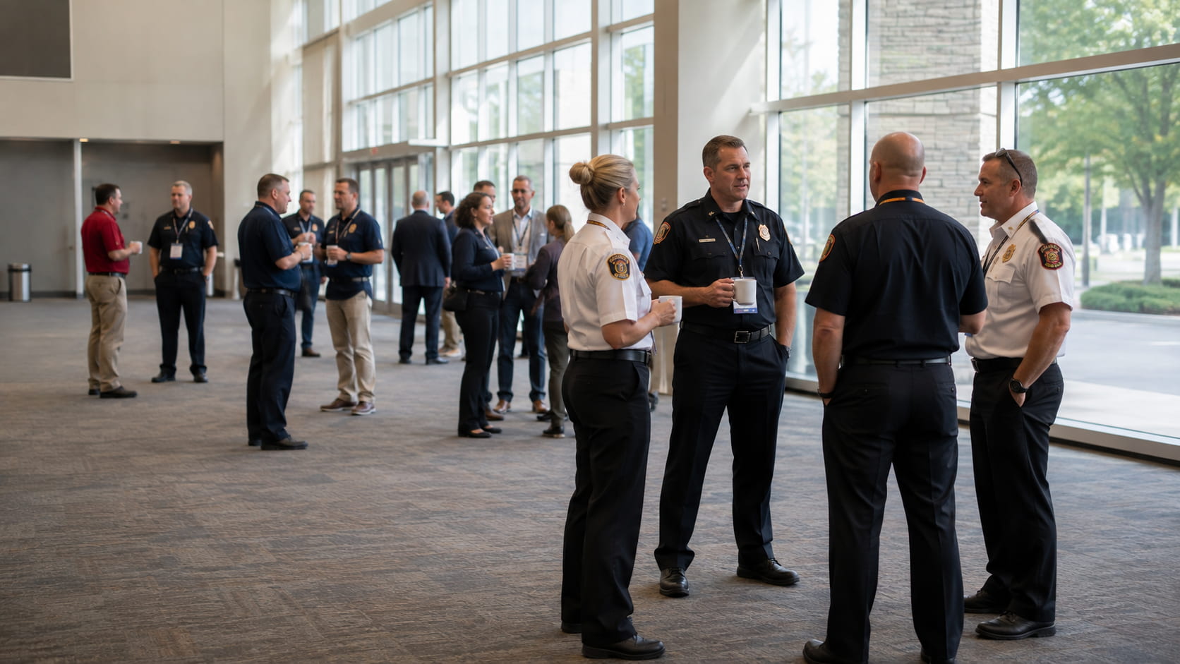 Fire service professionals talking in small groups in a conference hall between sessions.