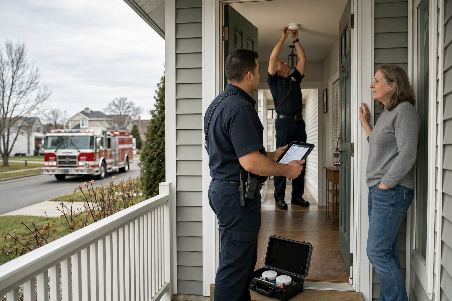 Firefighters in station uniform fitting a smoke alarm inside the front door of a home while a resident stands talking with them on the porch.