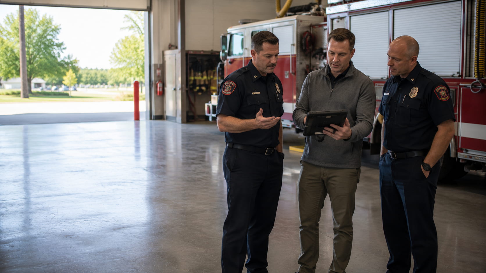 A technology developer demonstrating equipment to two firefighters in an apparatus bay, all three examining the same device.