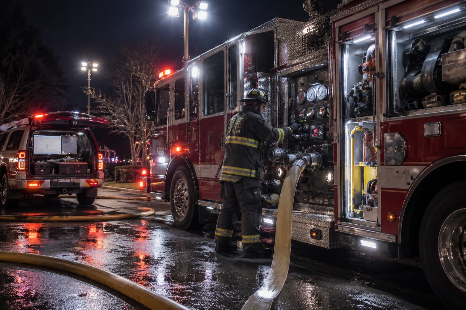 Modern fire engine and command vehicle staged at an incident at night, with integrated scene lighting and a pump panel display in use.
