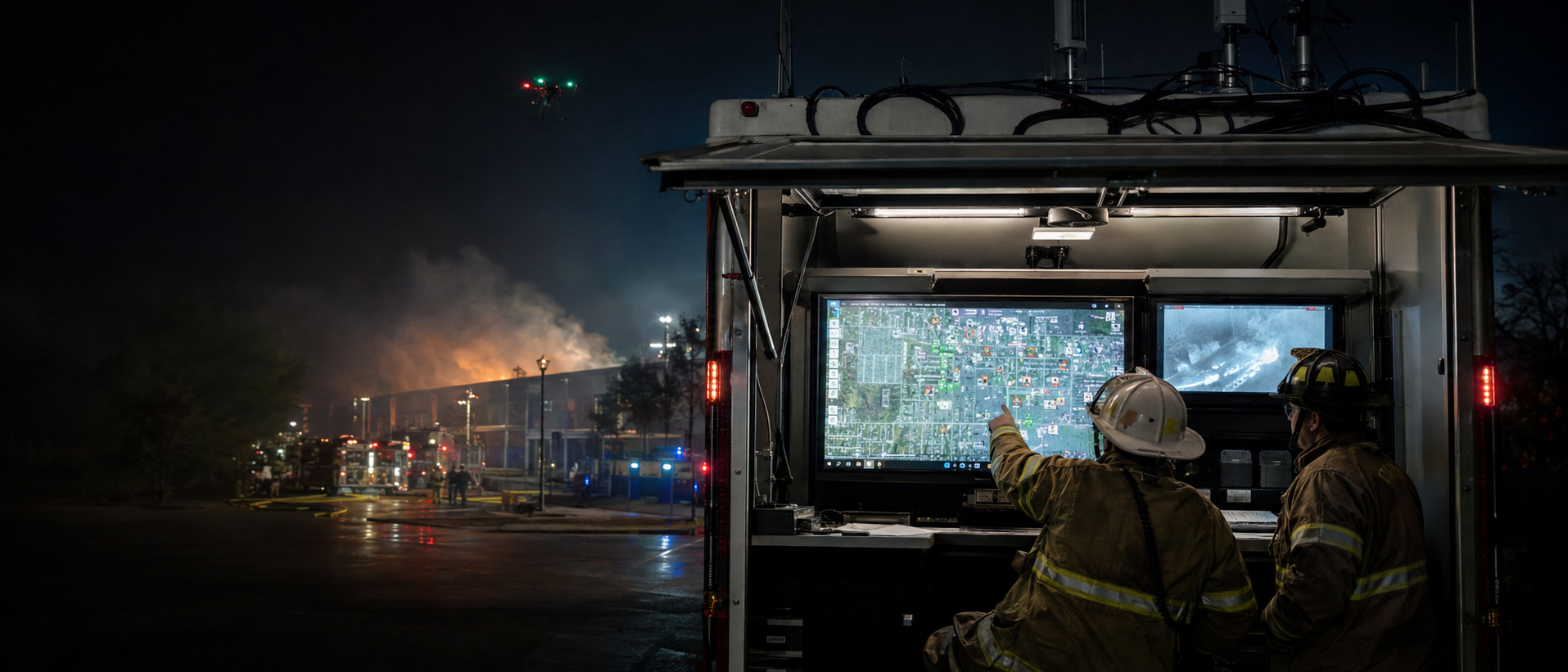 Command officer at a mobile command vehicle reviewing a tactical map and thermal imagery while crews and a drone operate in the background.