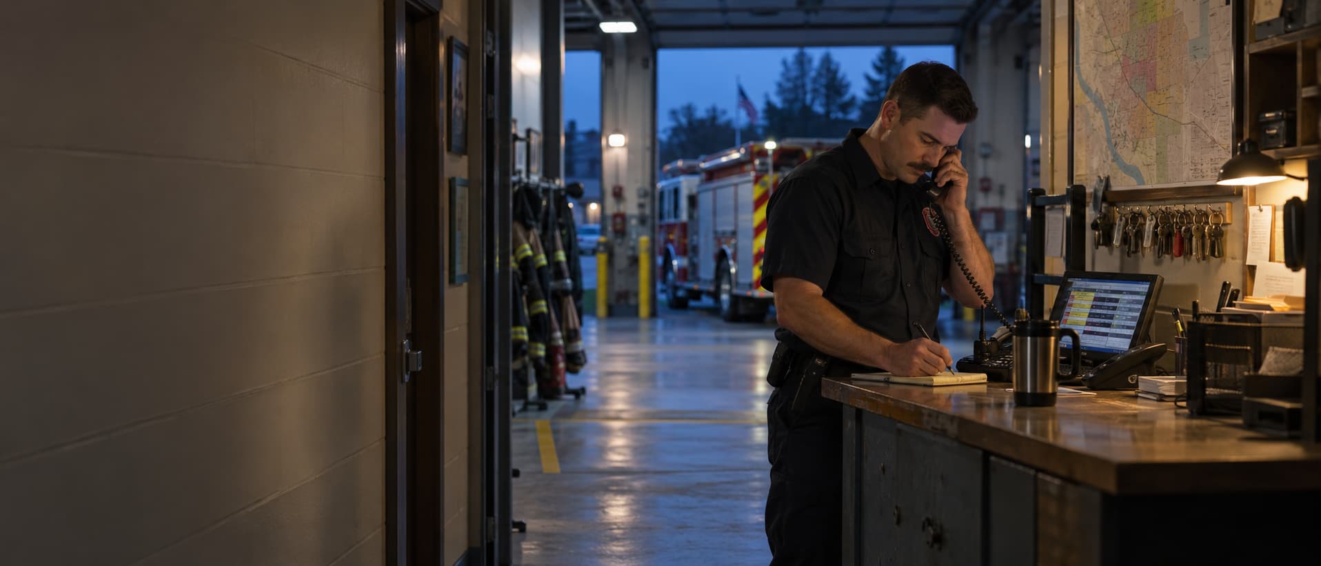 A firefighter at the watch desk of a fire station taking a telephone call and writing on a message pad, with the apparatus bay behind.