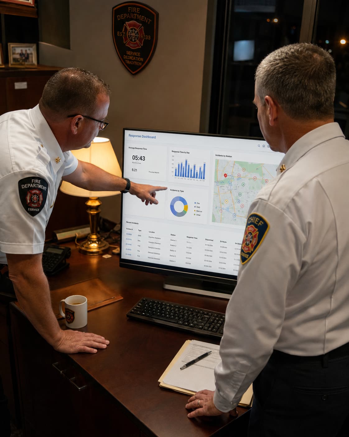 Chief officers reviewing incident response data on a monitor in a fire department office, showing response time charts and a district map.