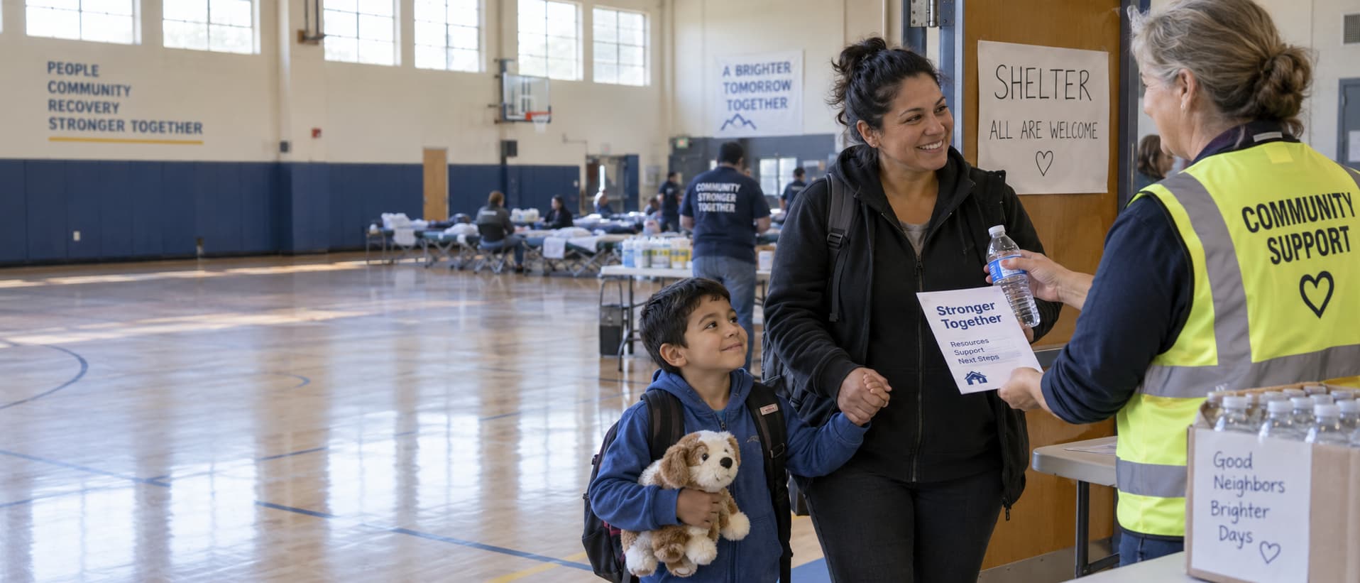 A volunteer in a marked vest handing water and an information sheet to a resident at a community shelter set up in a school gymnasium after a storm.