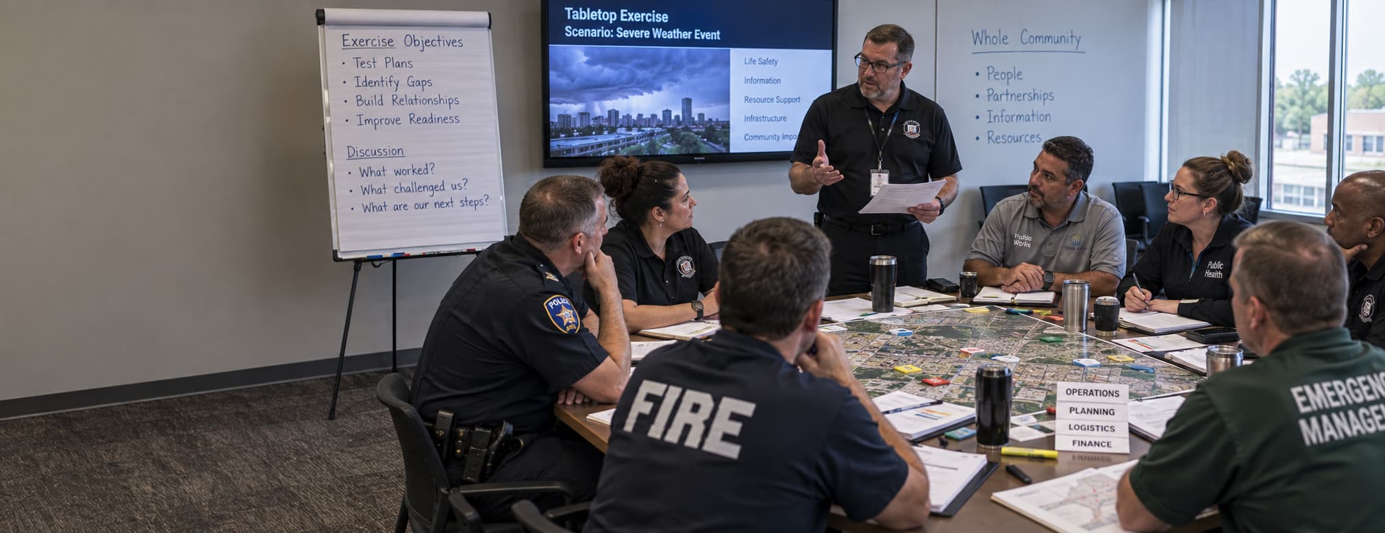 A tabletop exercise in a municipal conference room: eight people from different agencies around a printed map, a facilitator standing with a scenario in hand.