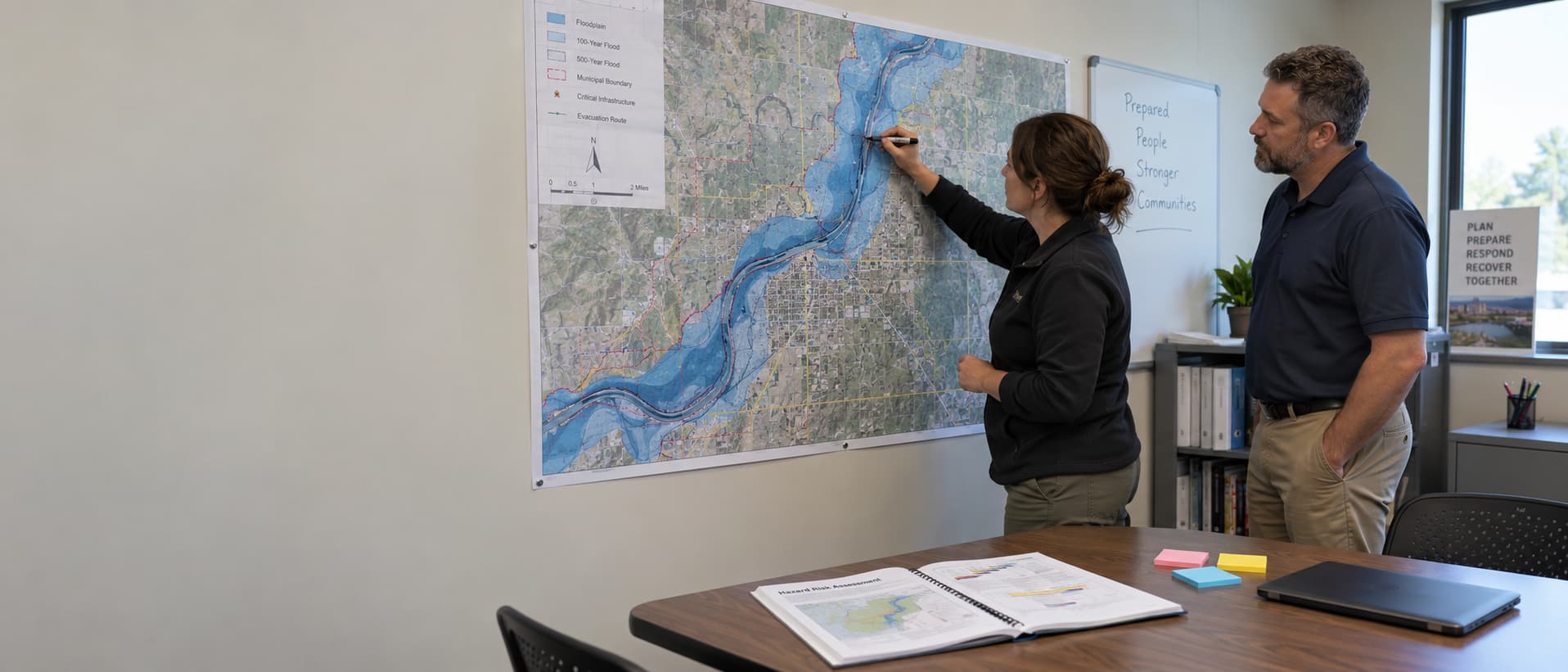 An emergency manager marking a floodplain boundary on a large paper hazard map pinned to an office wall, with a printed risk assessment open on the table beside it.