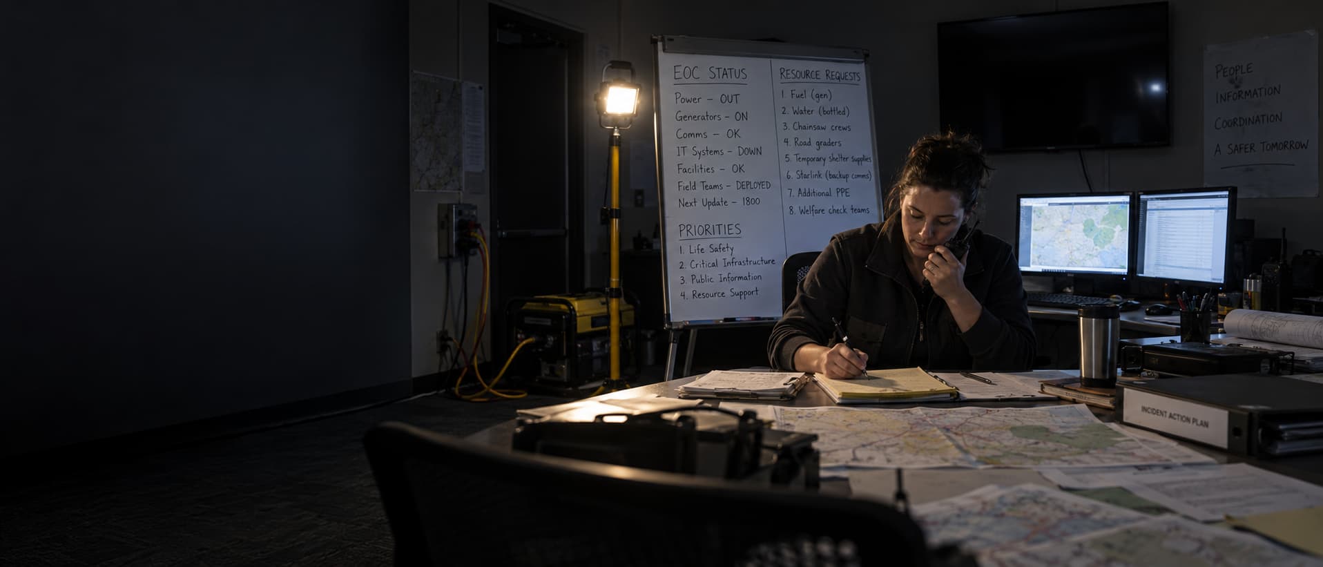 An emergency operations center running on backup power during an outage, an emergency manager working from a paper status board and a handwritten resource list by work light.