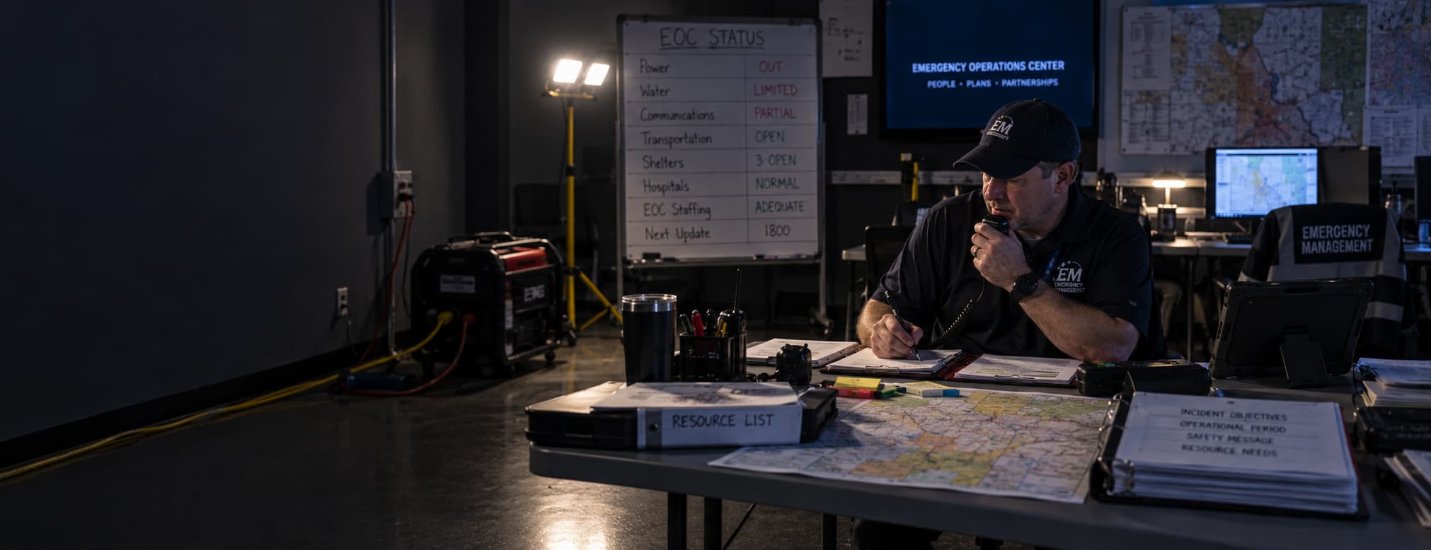 A fire officer at a desk working through a stack of printed standards with a highlighter and page tabs, a short handwritten list on a notepad beside the laptop.
