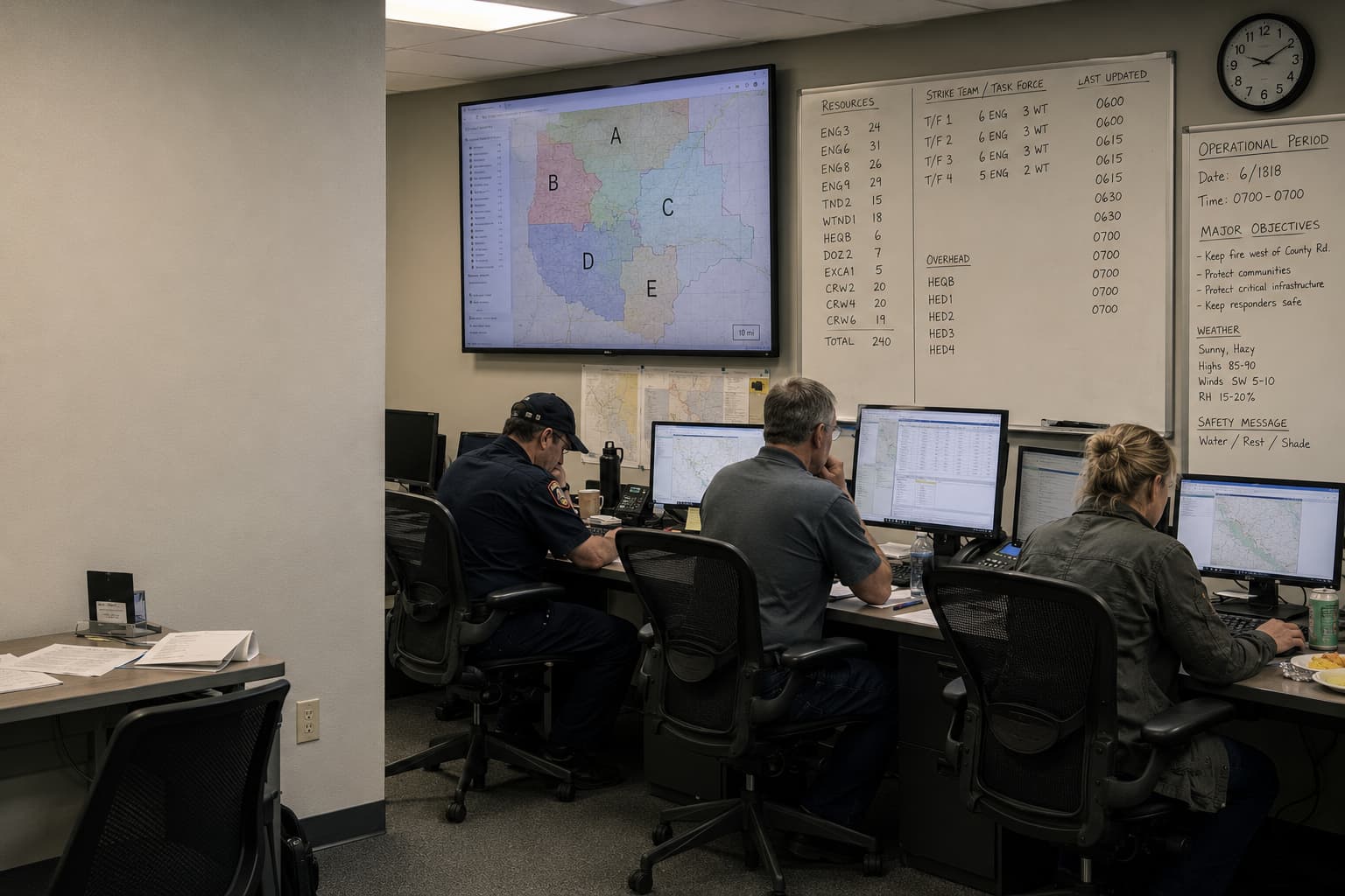 Three people working at desks in a county emergency operations center on the second day of an incident, with a regional zone map on the wall display and handwritten resource numbers on a whiteboard.