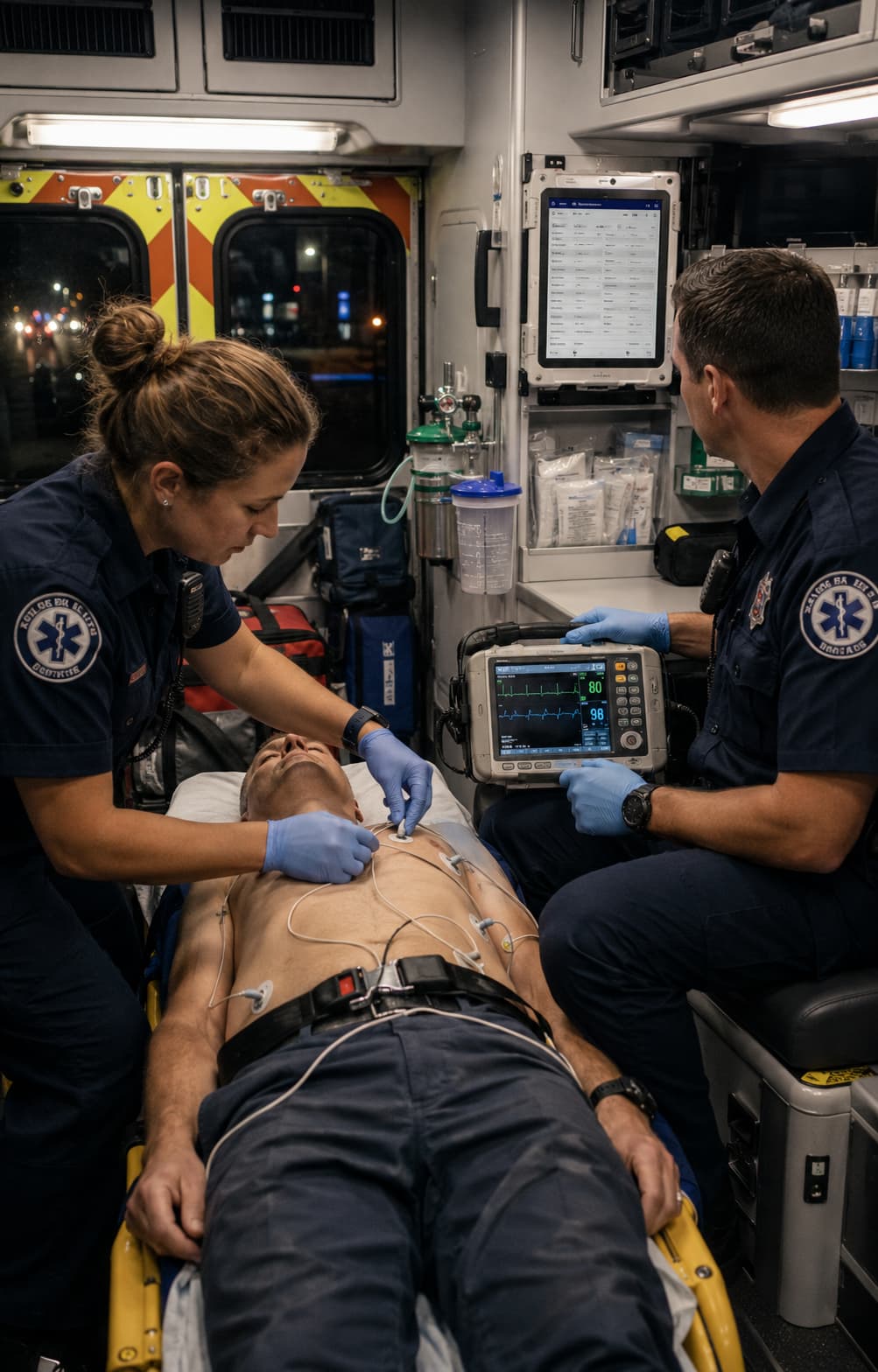 Paramedics treating a patient in a modern ambulance while patient vitals stream to a tablet mounted in the module.