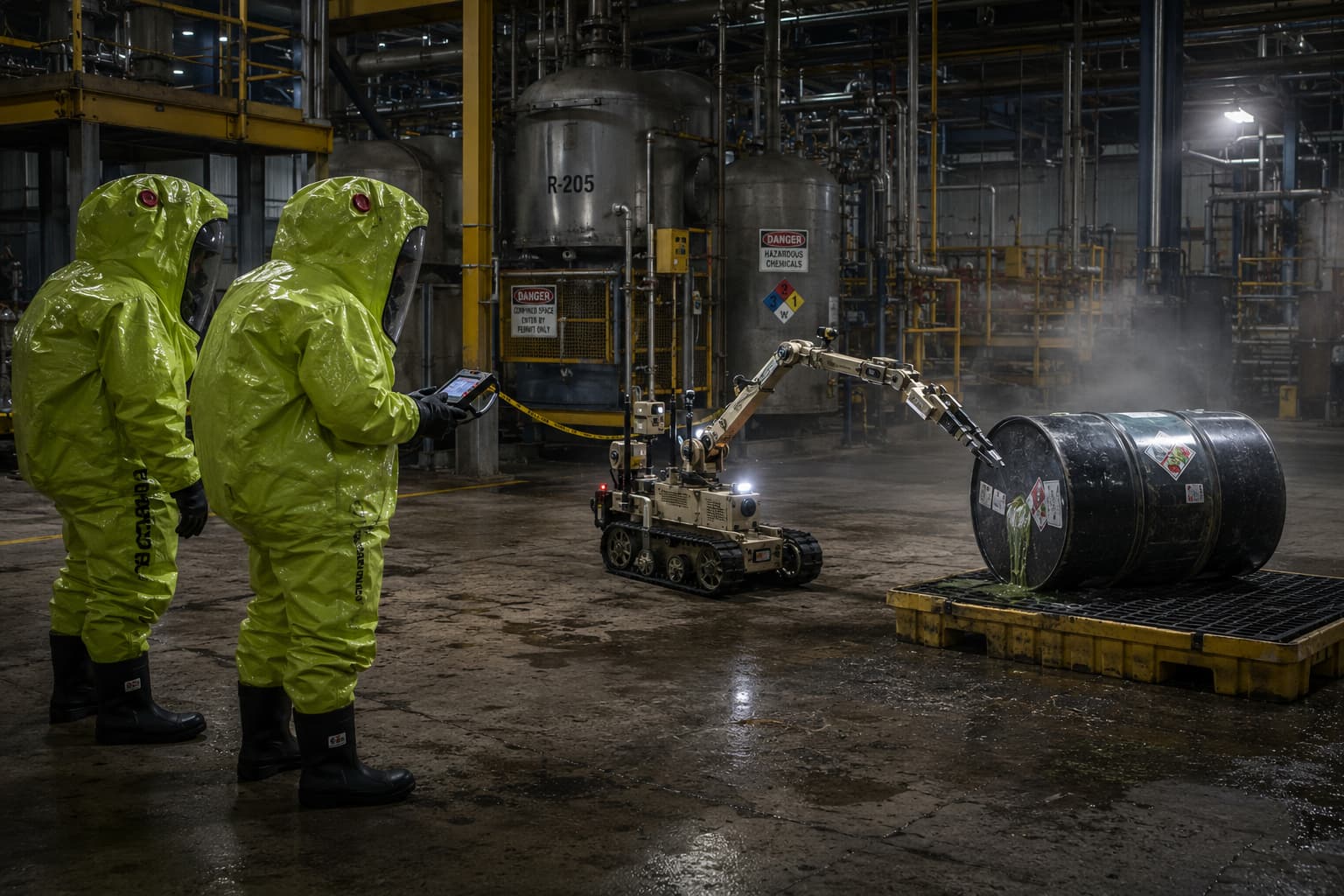Hazmat technicians in Level A suits directing a tracked unmanned ground vehicle toward a chemical release inside an industrial facility.