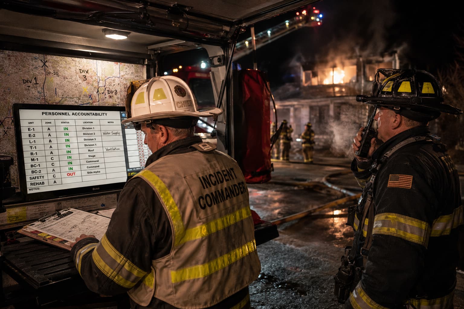 Incident commander working a tactical worksheet and digital accountability display at the command post of a working structure fire at night.