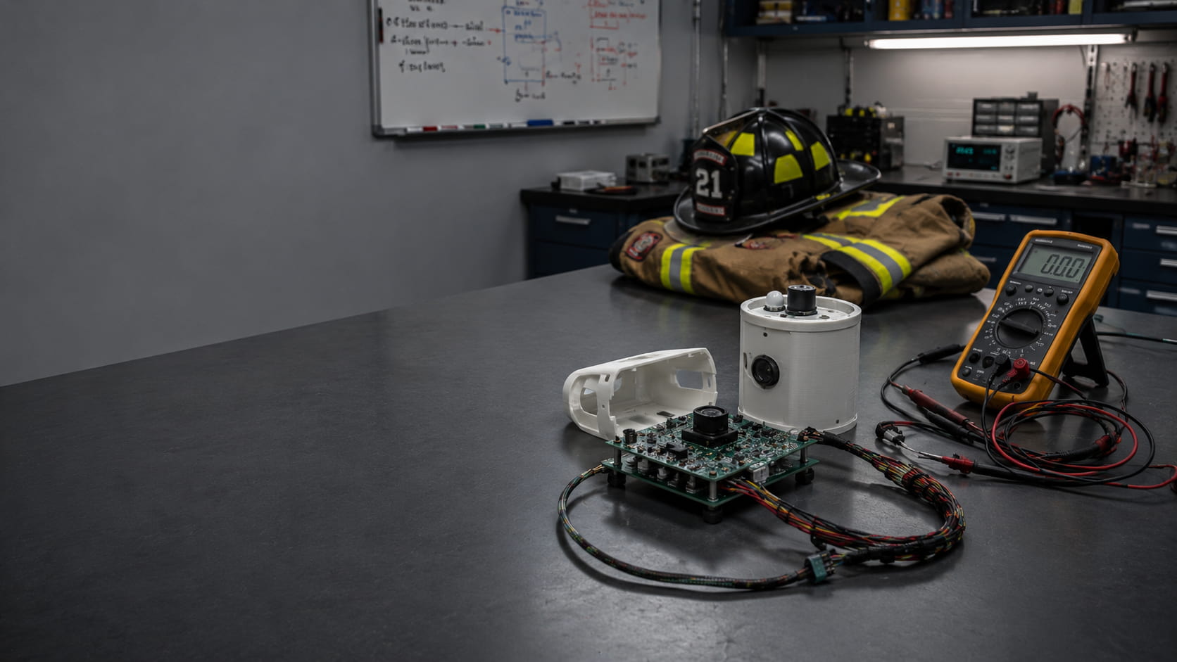 A prototype sensor rig on a workbench in a research laboratory, with turnout gear and test instrumentation nearby.