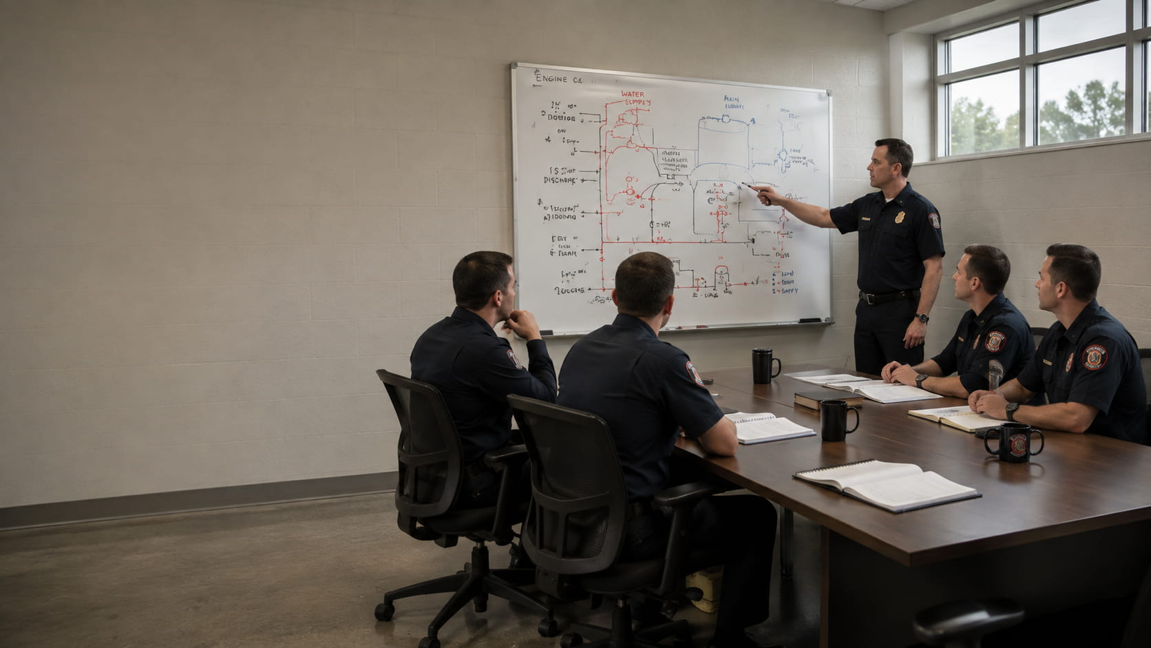 Fire officers seated around a table in a station classroom, one writing on a whiteboard covered in system diagrams.
