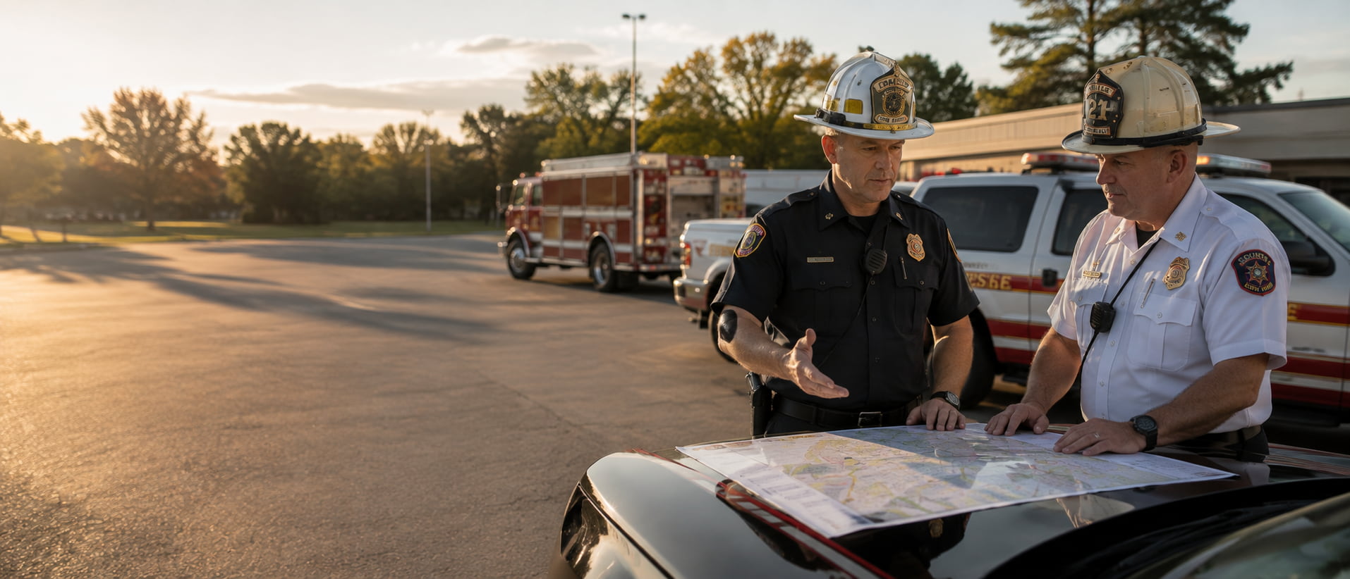 Two chiefs from different departments talking beside a command vehicle, apparatus from both agencies visible behind them.