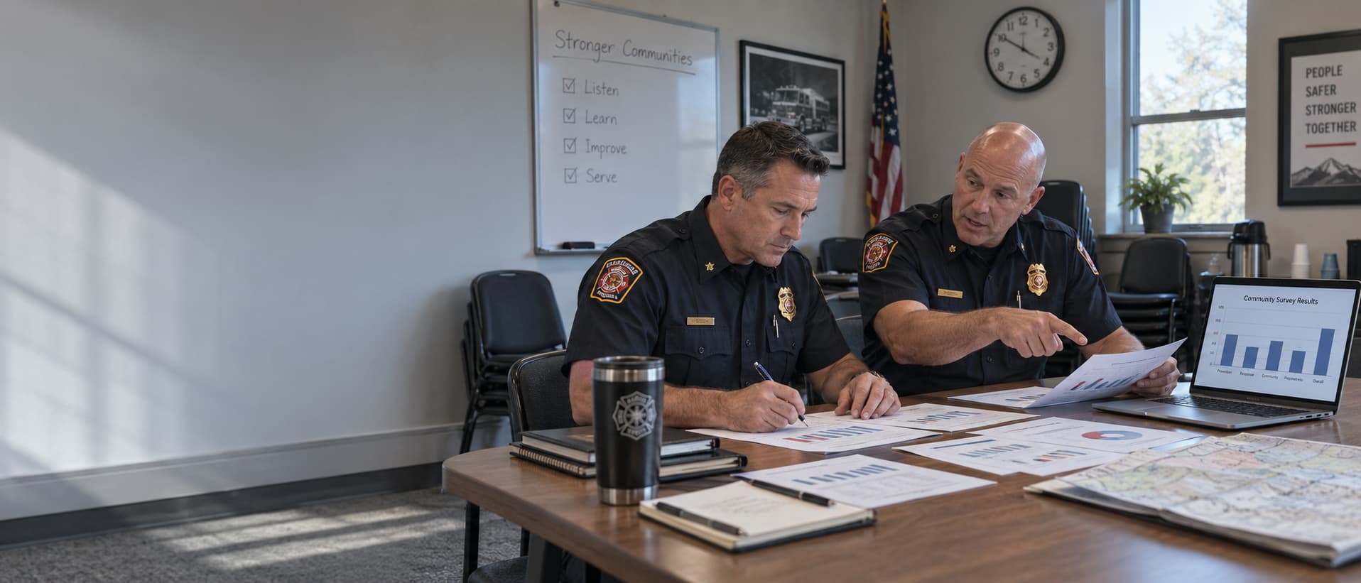 Two fire officers in station uniform at a table reviewing printed survey results and a chart on a laptop, one annotating a printout.