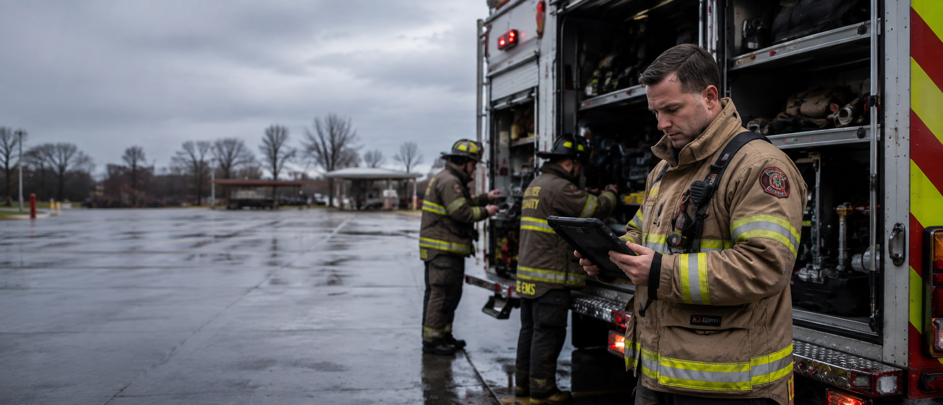 A company officer at the rear of an engine reviewing a tablet, with crew members preparing equipment out of focus behind them.