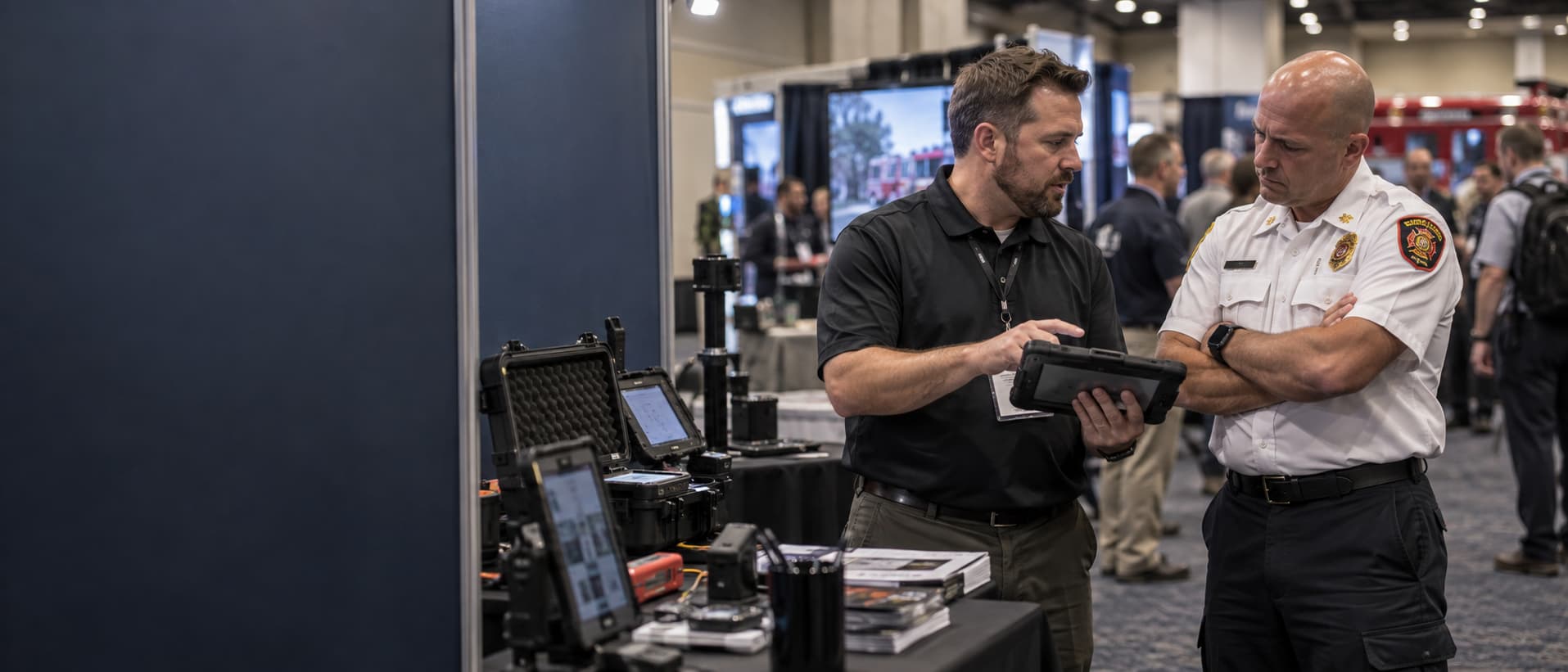 A company representative demonstrating something on a tablet to a fire officer at a trade show stand, the officer listening with arms folded.