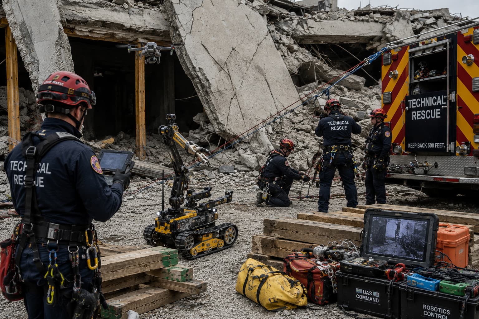 Technical rescue team rigging a rope system over a collapsed structure while a small drone surveys the void space.