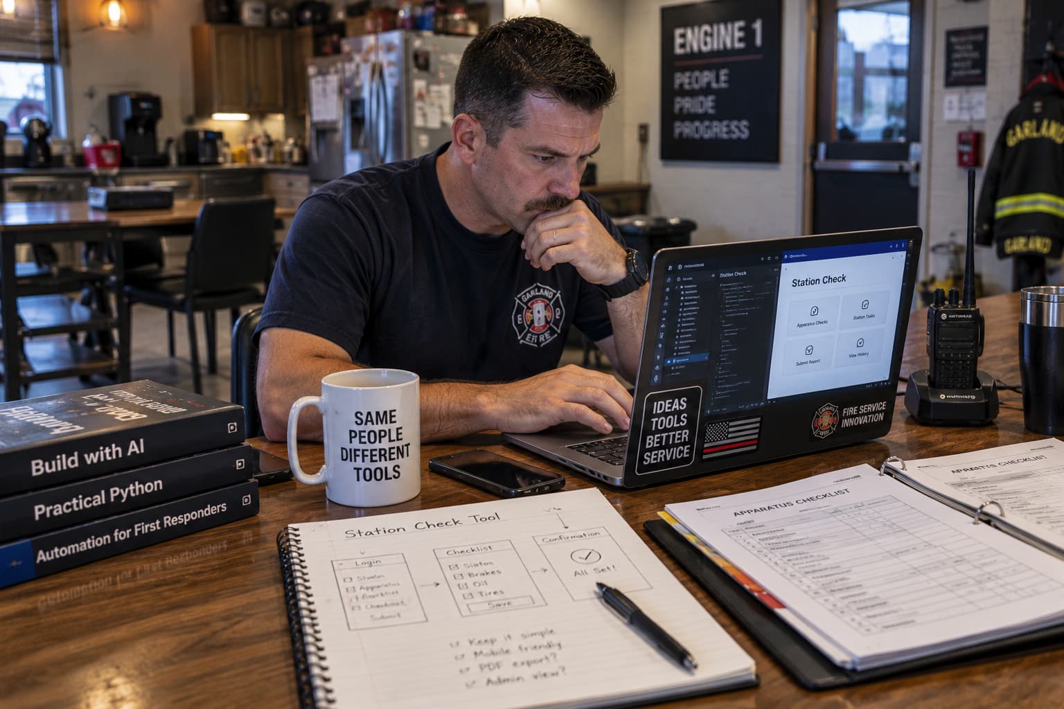 A firefighter at a station table with a laptop and a notebook of hand-drawn screen layouts, building an internal tool beside the paper forms it replaces.