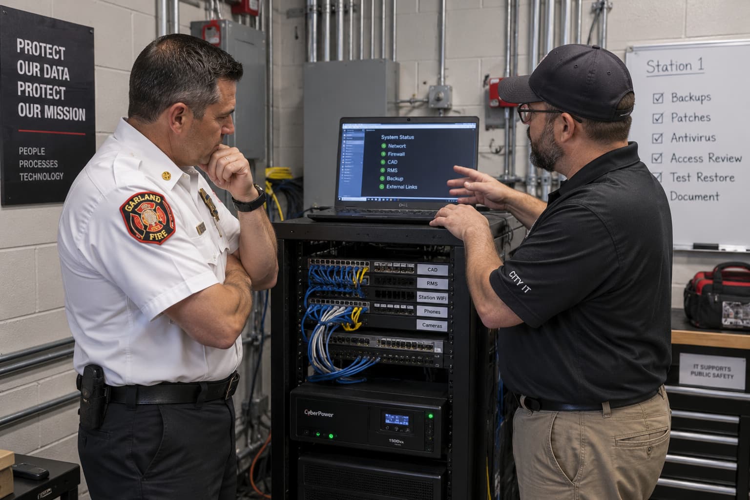 A fire officer and a municipal IT technician at a small server rack in a fire station utility room, the technician with a laptop open on top of it.