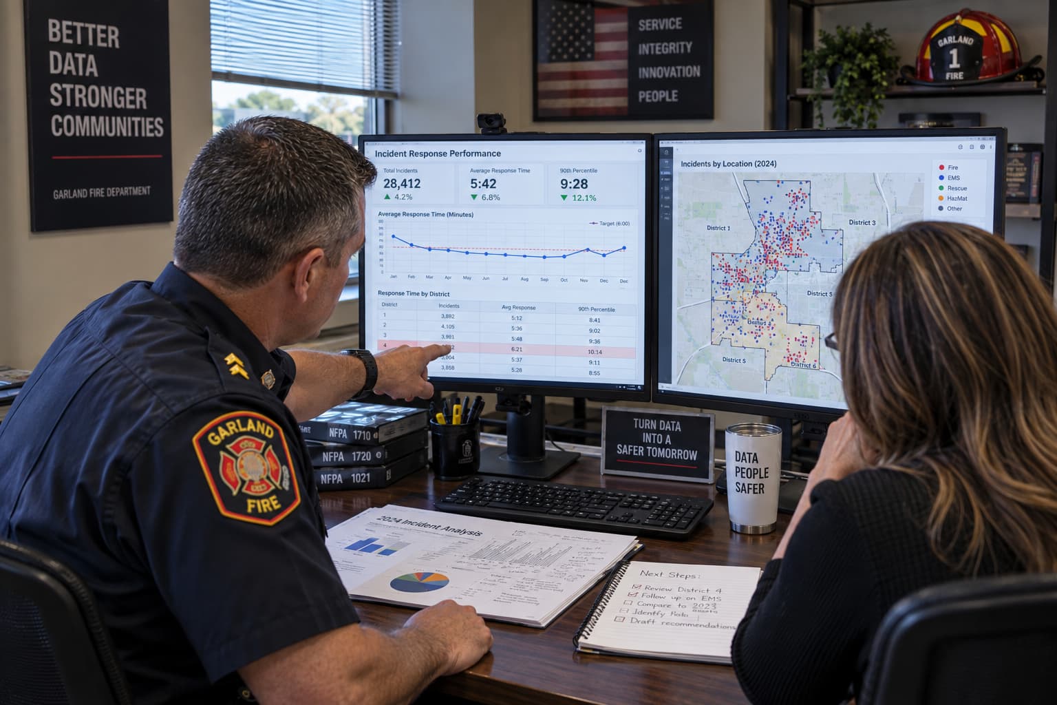 A uniformed officer and a civilian staff member reviewing a year of incident data on a plain business dashboard, with an annotated printed report on the desk.