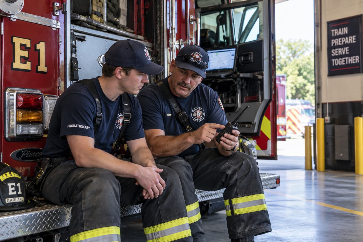 A senior firefighter on the tailboard of an engine explaining a portable radio to a probationary firefighter, a mobile data terminal visible in the cab behind.