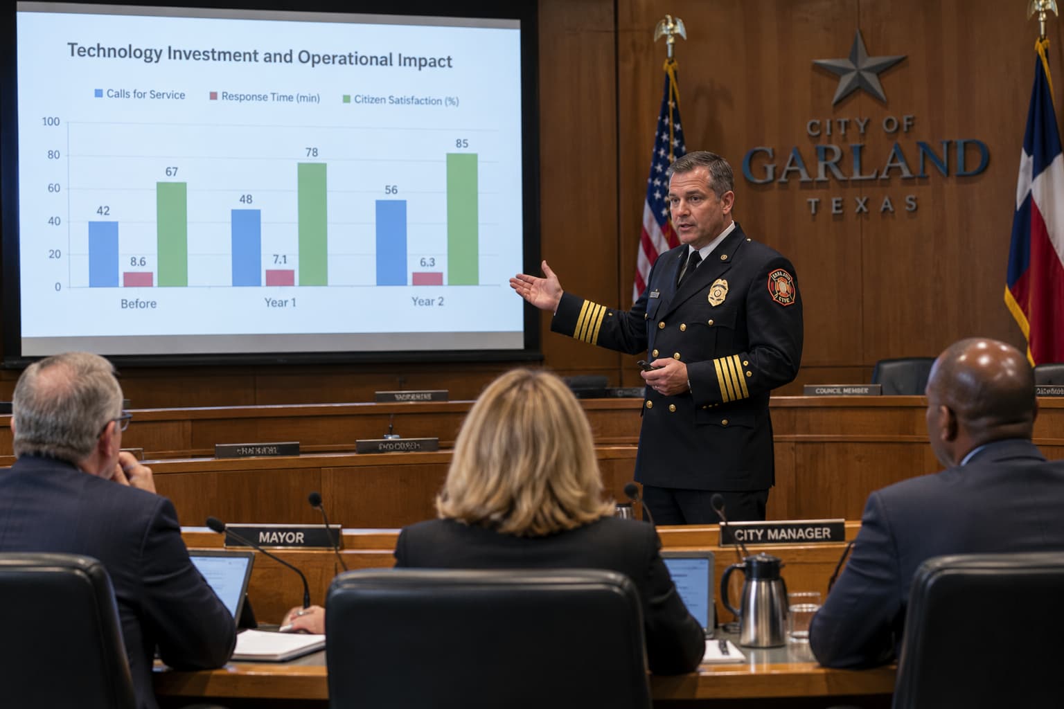 A fire chief presenting to a city council beside a projected bar chart, council members at a bench taking notes.