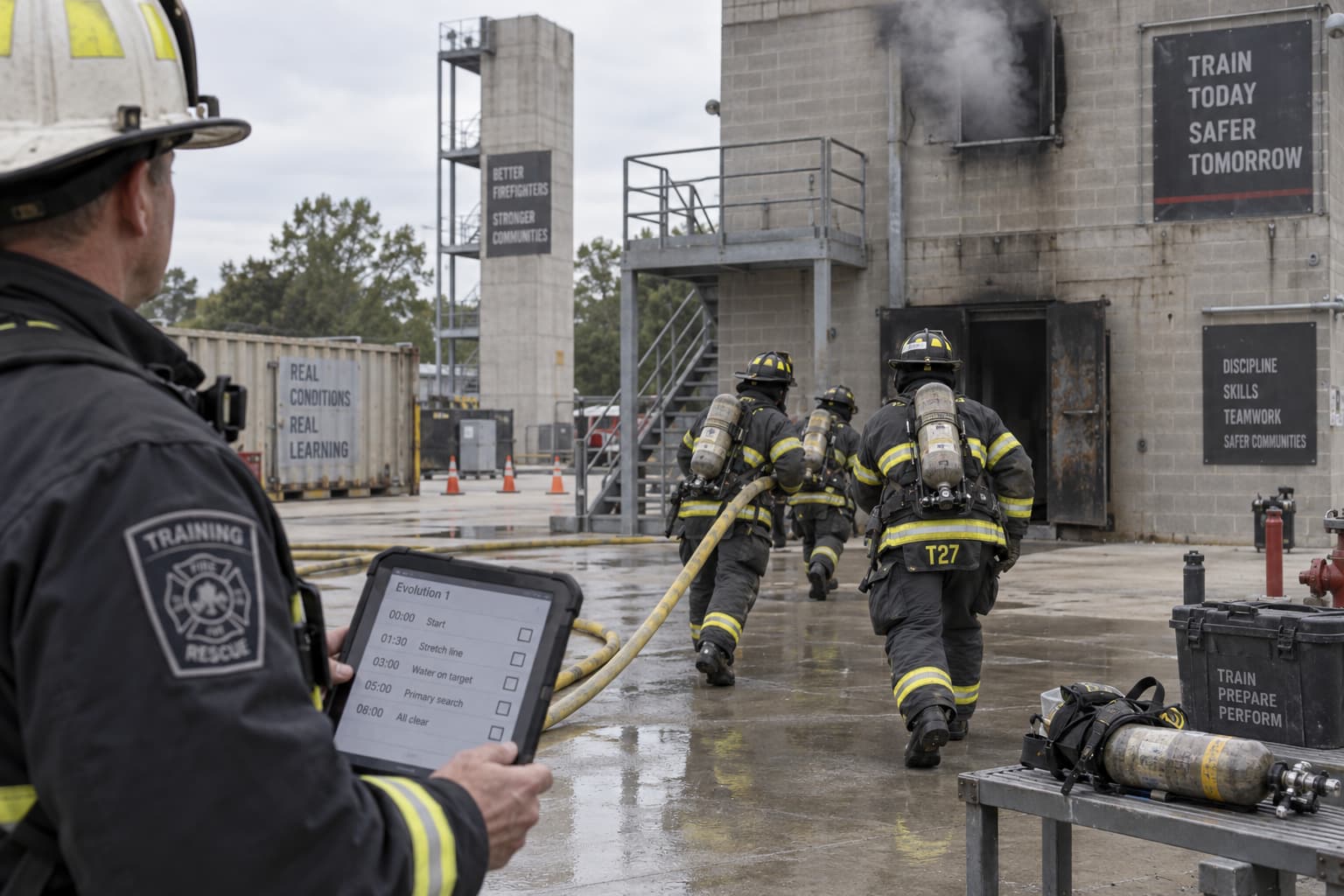 Firefighters running a live burn evolution at a training facility while an instructor reviews performance data on a tablet.