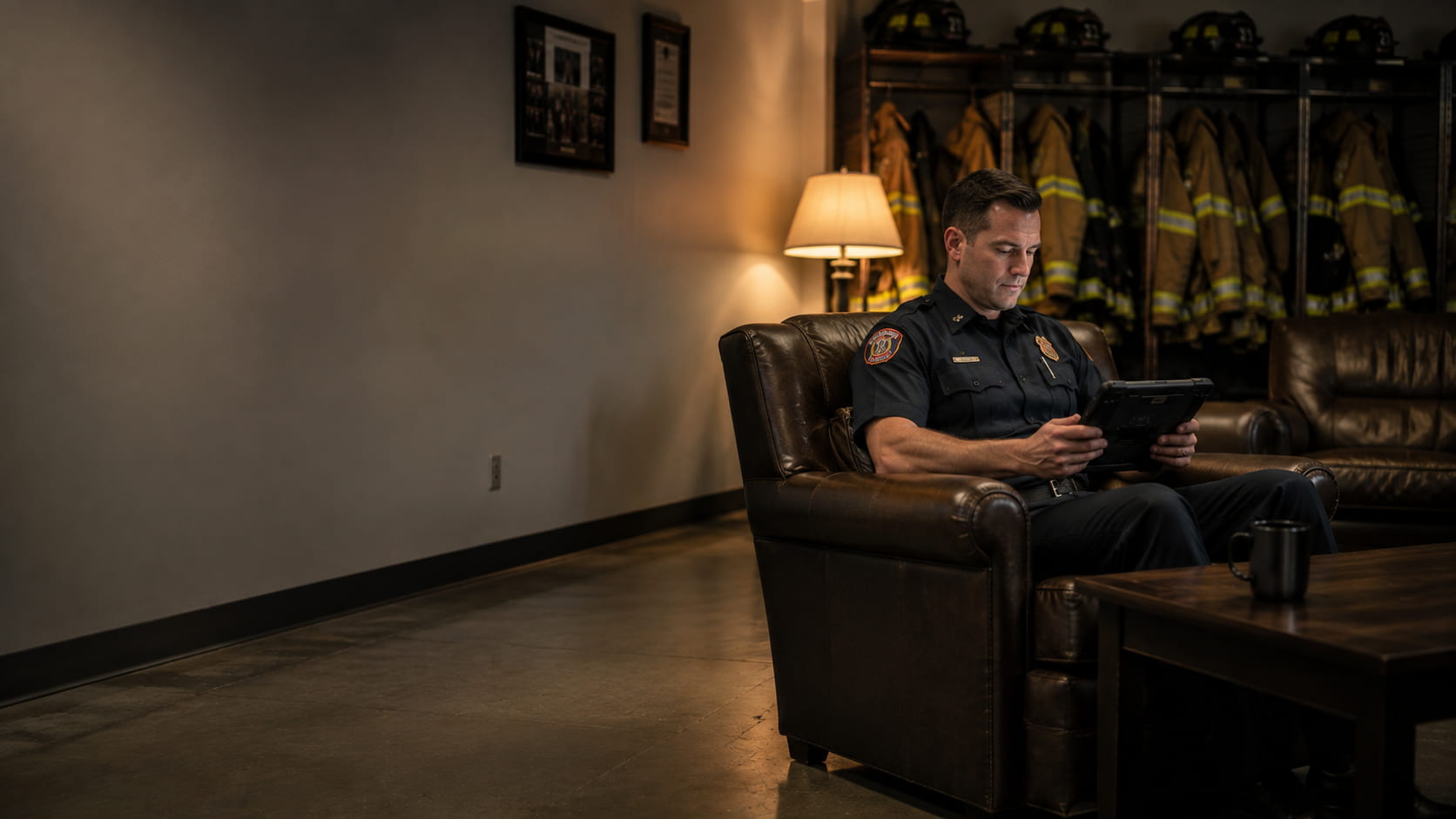 A firefighter reading on a tablet in a quiet station dayroom, turnout gear racked in the background.