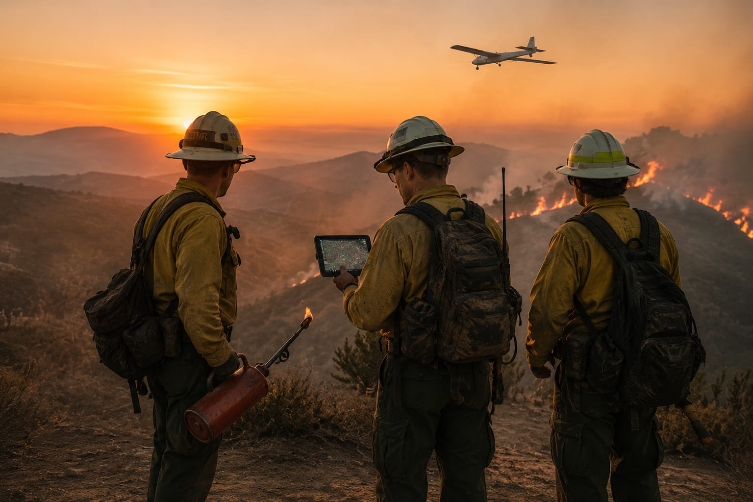 Wildland firefighters on a ridgeline at dawn with a fixed-wing unmanned aircraft conducting mapping overhead.
